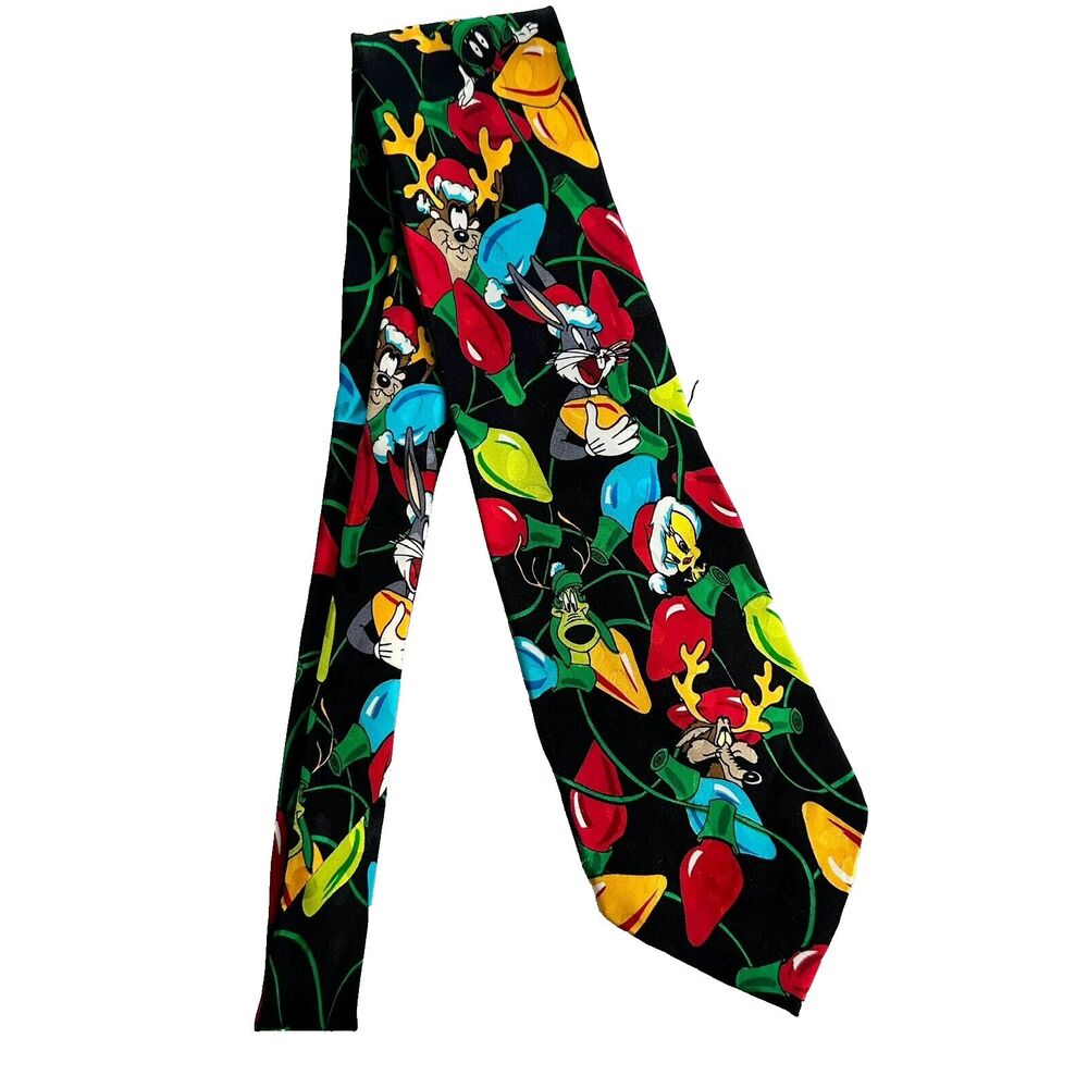 Vintage 1993 Looney Tunes Necktie Mania Christmas Lights Warner Bro. 100% Silk